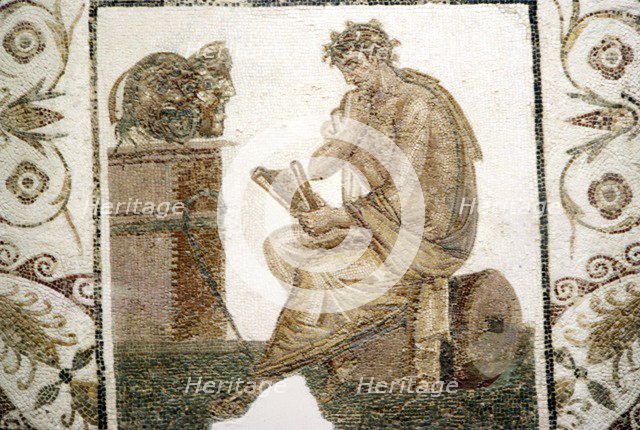 Roman Mosaic, Tragic Poet and Two Masks from Thuburbo Majus, Tunisia, 3rd century. Artist: Unknown.