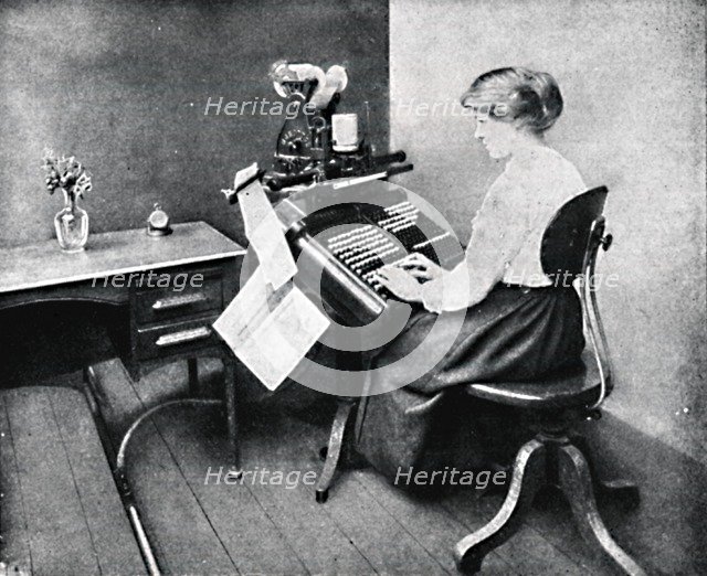 'Woman Operator on Monotype Keyboard', 1917. Artist: Unknown.
