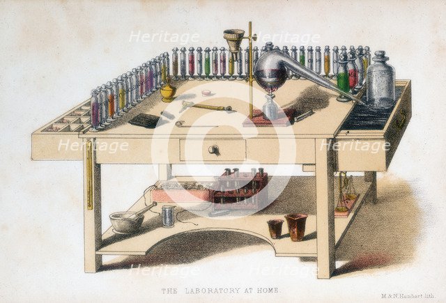 The amateur chemist's laboratory bench, 1860. Artist: M & N Hanhart
