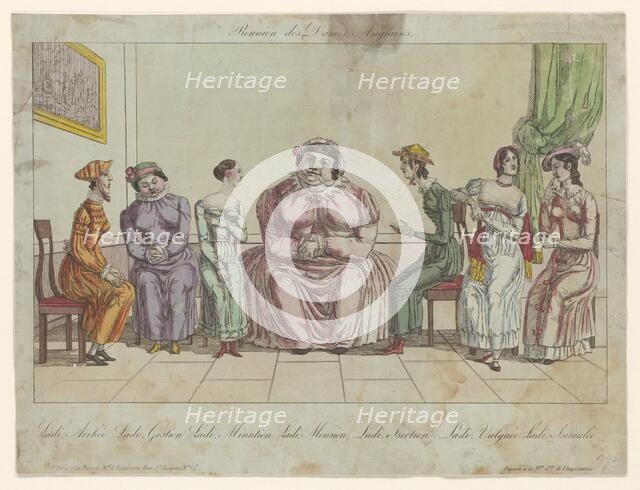 Group of English ladies seated on chairs. 1815. Creators: Anon, Paul-André Basset.