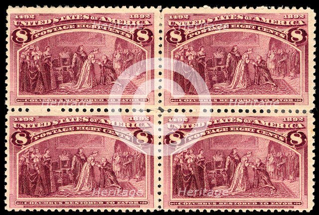 8c Columbus Restored to Favor block of four, 1893. Creator: Unknown.