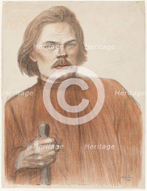 Frontal Portrait from the Waist Up of Maxime Gorki, 1905. Creator: Theophile Alexandre Steinlen.