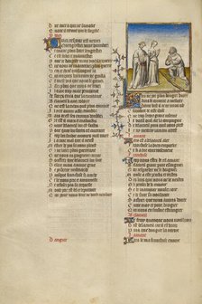 The Personification of Resistance Kneeling before Franchise; Roman de la Rose, about 1405. Creator: Unknown.