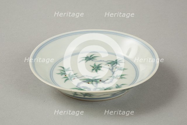 Doucai saucer with fruiting peach, late Kangxi period (1700-1722). Artist: Unknown.