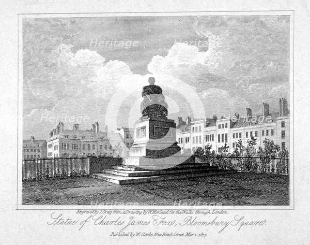 View of the statue of Charles James Fox in Bloomsbury Square, Bloomsbury, London, 1817. Artist: John Greig