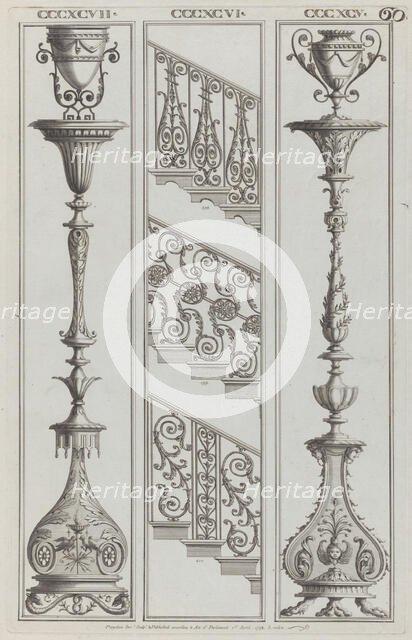 Candelabra Designs and Stair Railing Designs, nos. CCCXCV-CCCXCVII and 398-400 ("..., April 1, 1792. Creator: Michelangelo Pergolesi.