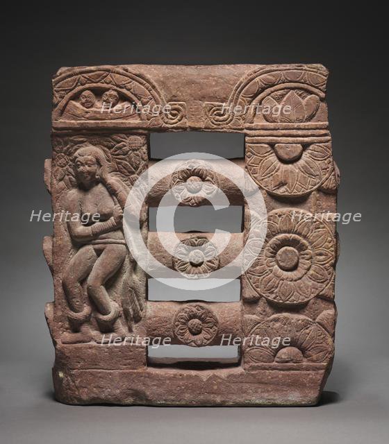 Section of Monolithic Railing with Bather and Lotus Medallions, c. 150-250. Creator: Unknown.