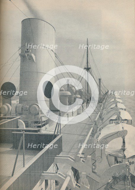 'Top Deck of the Strathmore with modern lifeboats', 1936. Artist: Unknown.
