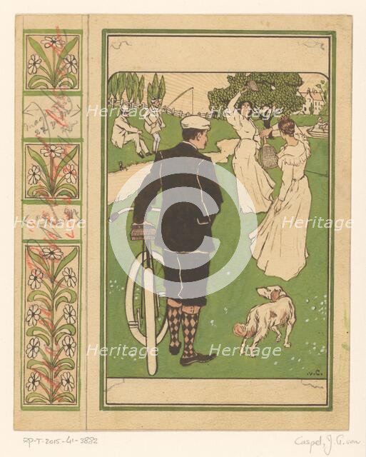 Book cover design, man with bicycle and badminton players, 1880-1928.  Creator: Johann Georg van Caspel.