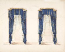 Design for Blue and Gold Curtains with Gold Fringes and a Gold Pediment, early 19th century. Creator: Anon.