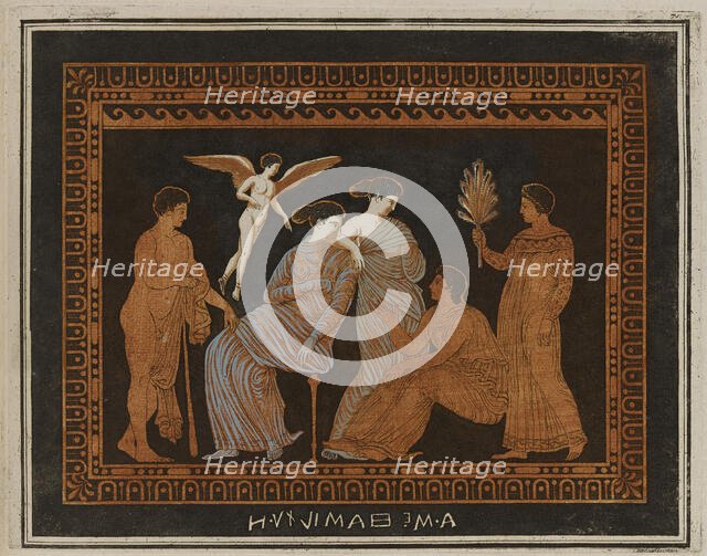 Colour plate of woman, Eros and youth, from an attic pelike, 1766 [-1767].  Creator: Unknown.