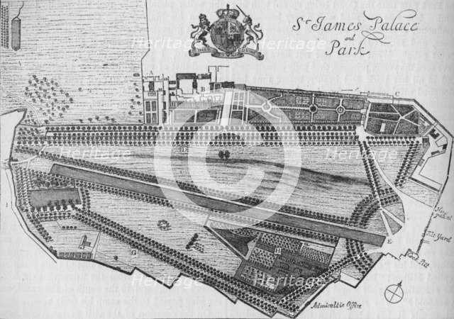 Plan of St James's Palace and Park in the time of Charles II, c1700 (1878). Artist: Unknown.