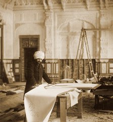 Bhai Ram Singh at work in the Indian Room, Osborne House, Isle of Wight, 1892. Artist: Unknown.