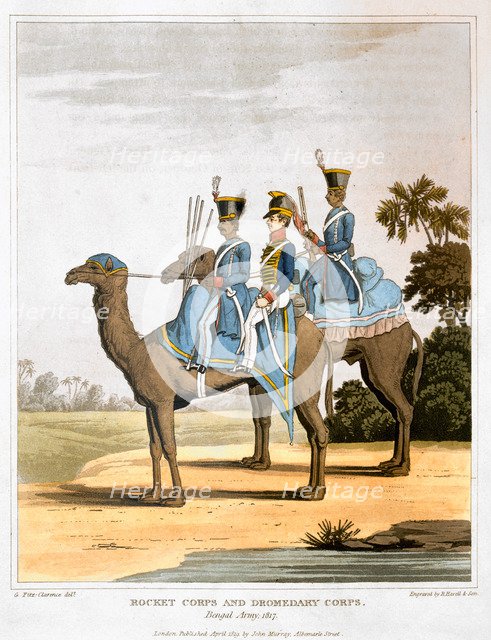 'Rocket Corps and Dromedary Corps, Bengal Army 1817' (1819). Artist: Havell & Son