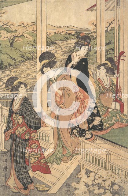 Group of Women on the Engawa of a Country House, in the time of the Cherry Blossoming,..., ca. 1806. Creator: Utamaro II.
