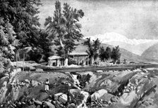 The Chitral Expedition: Musjid in the Serai, Chitral: the Mountain Trichmir in the distance, 1895. Creator: George Meisenbach.