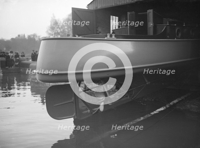 Egyptian motor launch on slipway, view of stern, 1911. Creator: Kirk & Sons of Cowes.