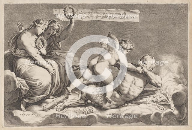 Cupid wrestling with Pan, amongst the clouds, with two allegorical women seated at le..., 1598-1632. Creator: Jacob Matham.