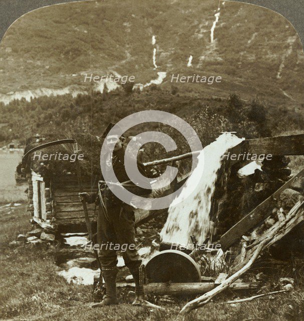 'A farmer's water-power grindstone and sod-roofed gristmill in  deep Olden Valley, Norway', 1905. Creator: Unknown.