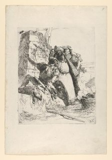 A magician, a soldier and three figures watching a burning skull from the Scherzi d..., ca. 1743-50. Creator: Giovanni Battista Tiepolo.