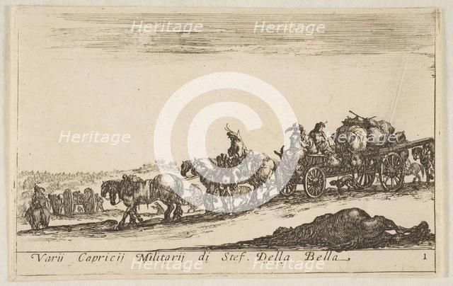 Plate 1: a horse drawn cart carrying people and goods, dead horse in the foreground, f..., ca. 1641. Creator: Stefano della Bella.