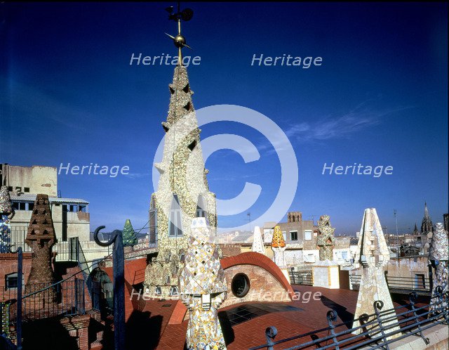 Perspective of the roof terrace of the Güell Palace building 1886-1890, designed by Antoni Gaudí …