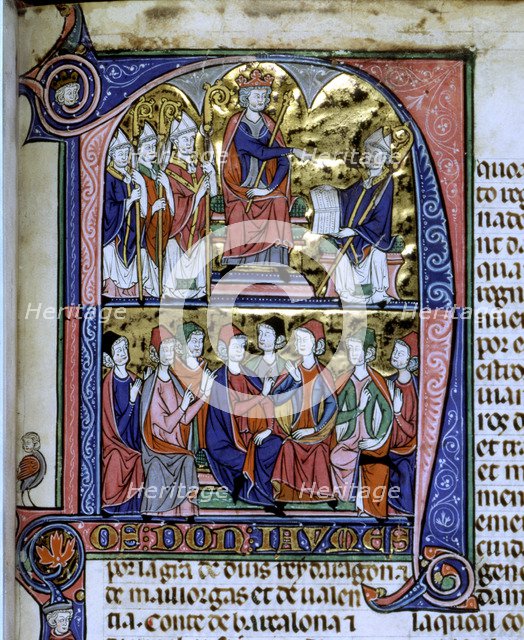 Vidal Canellas offering his text to King James I, Miniature in 'Vidal Mayor', illuminated manuscr…