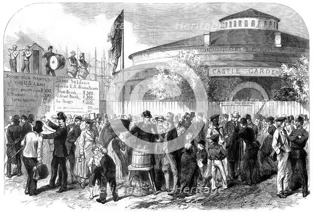 Enlisting Irish and German emigrants on the Battery, New York, USA, 1864. Creator: Mason Jackson.