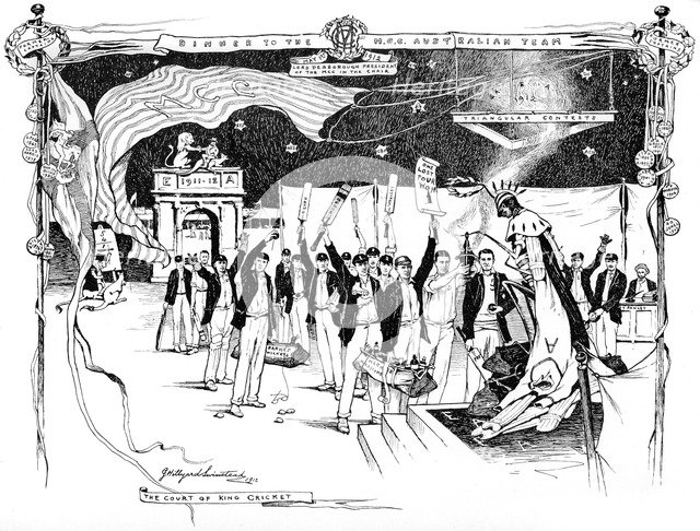 A cricket theme for a menu card design, 1911 (1912).Artist: George Hillyard Swinstead