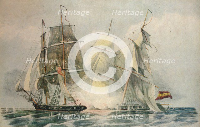 'Capture of the Spanish slave vessel Dolores by HM brig Ferret, 4 April 1816', 1816. Artist: William John Huggins.
