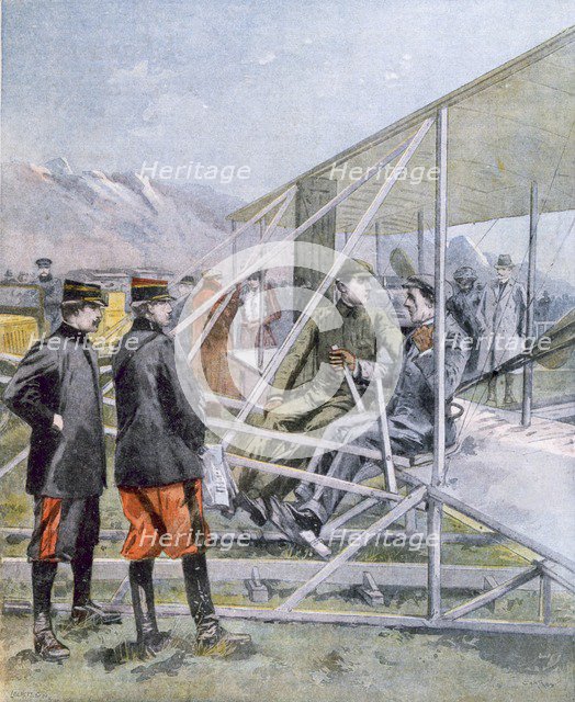 Wilbur Wright showing the King of Spain how is plane operates, from Petit Journal pub. March 1909 (c