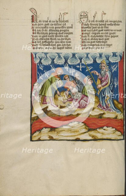 The Catching of Quails; Weltchronik, about 1400-1410. Creator: Unknown.