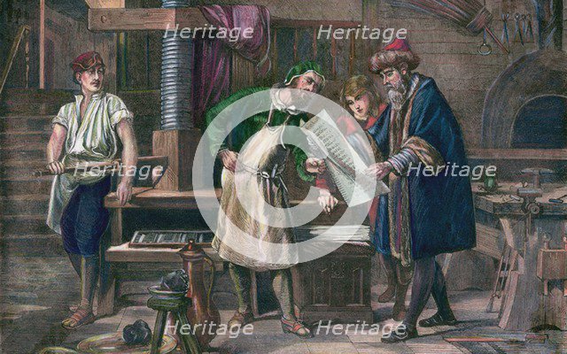 Johannes Gutenberg in his workshop, .