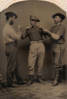 Two Men in Boxing Stance, a Third Man Adjusting One Man's Form, 1860s-80s. Creator: J. C. Batchelder.