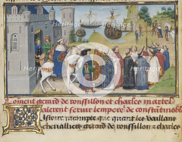 The Byzantine Emperor Welcoming Roussillon and Martel, 1468-1470. Artist: Liédet, Loyset (1420-1479)