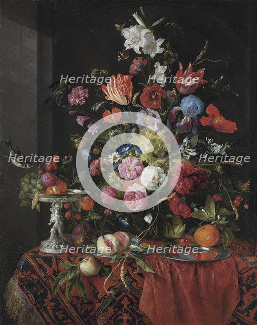 Flowers in a glass vase on a draped table, with a silver tazza, fruit, insects and birds. Artist: Heem, Jan Davidsz. de (1606-1684)