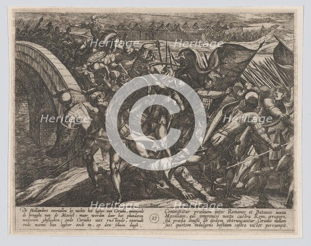 Plate 27: The Dutch During a Surprise Attack of the Roman Camp on the Moselle, from The Wa..., 1611. Creator: Antonio Tempesta.