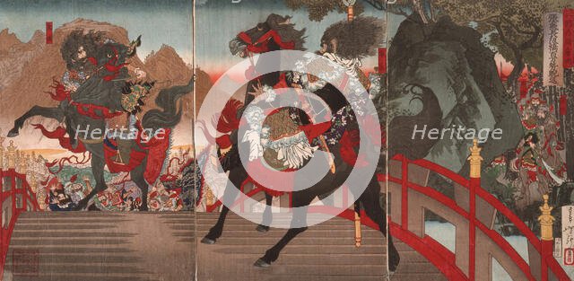 Zhang Fei on the Long Sloped Bridge Turning Away One Million Wei Troops with a Powerful Stare, c1883 Creator: Tsukioka Yoshitoshi.