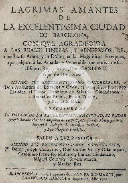 Tears of Love, shed by the eminent City of Barcelona... in the magnificent mourning...1701. Creator: Josep Rocaberti.