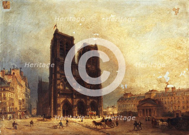 View of the forecourt of Notre-Dame, around 1835. Creator: Domenico Ferri.