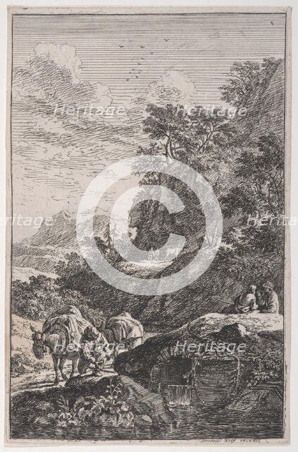 Plate 1: a peasant checking the hoof of his mule by a stream, from 'Landscapes in t..., ca. 1700-25. Creator: Franz Joachim Beich.