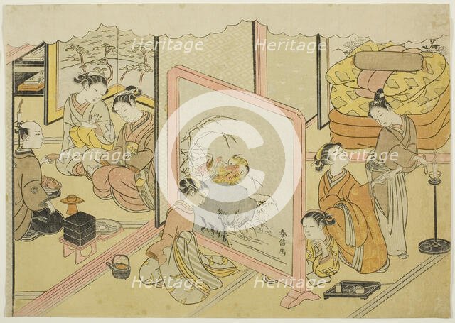A Cup of Sake before Bed (Toko sakazuki), the sixth sheet of the series "Marriage in..., c. 1769. Creator: Suzuki Harunobu.