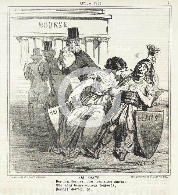 Air Connu. Dormez, dormez...mes très chèrs amours, que nous boursicotions toujours..., 1859. Creator: Cham.