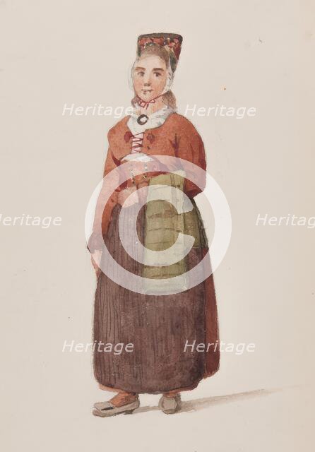 Apparel -  Woman from the front in full figure, Häverö suit, 1830-1868. Creator: Josef Magnus Shore.