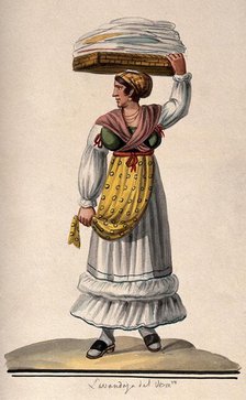 A woman is holding a large flat basket of washing on her head. Creator: Unknown.