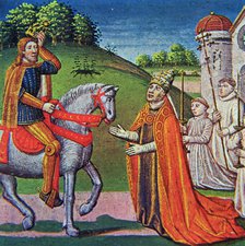 Meeting between Pope Adrian I and Charlemagne, miniature in the incunabula 'Chronicles of France'…