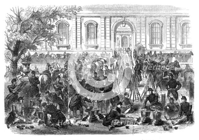 The Disturbances in Paris: bivouac of troops in the gardens and courtyard of the Luxembourg, 1870. Creator: Unknown.