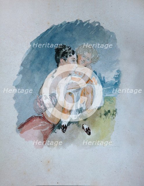 Portrait of Countess Stefania zu Sayn-Wittgenstein, née Radziwill (1809-1832) with Daughter Maria, 1 Artist: Sadovnikov, Vasily Semyonovich (1800-1879)