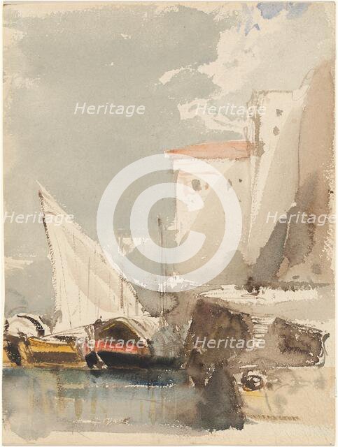 Sailboats in a Sunlit Harbor (recto), 1830s. Creator: Eugene Isabey.