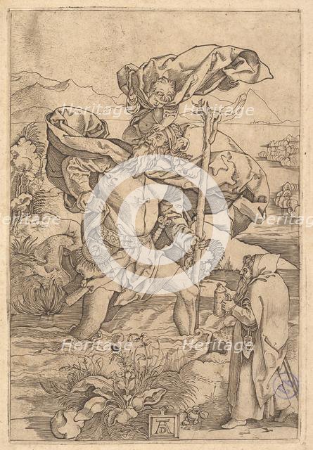 Saint Christopher crossing the river with Christ in the form of a putto on his sh..., ca. 1500-1534. Creator: Marcantonio Raimondi.